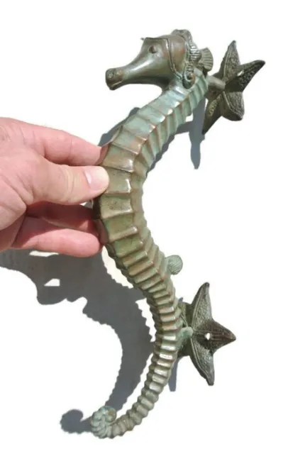 large aged antique green SEAHORSE solid brass door old style 13" PULL handle B