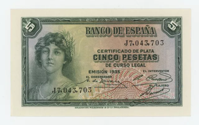 Spain España 5 Pesetas 1935 Pick 85.a UNC Uncirculated Banknote