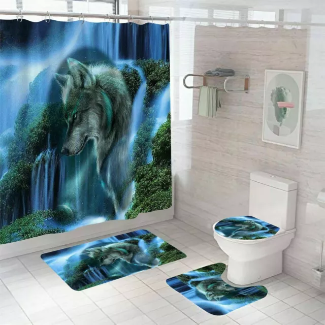 Wolf and Landscape Painting Shower Curtain with Rugs Toilet Lid Cover Bath Mats