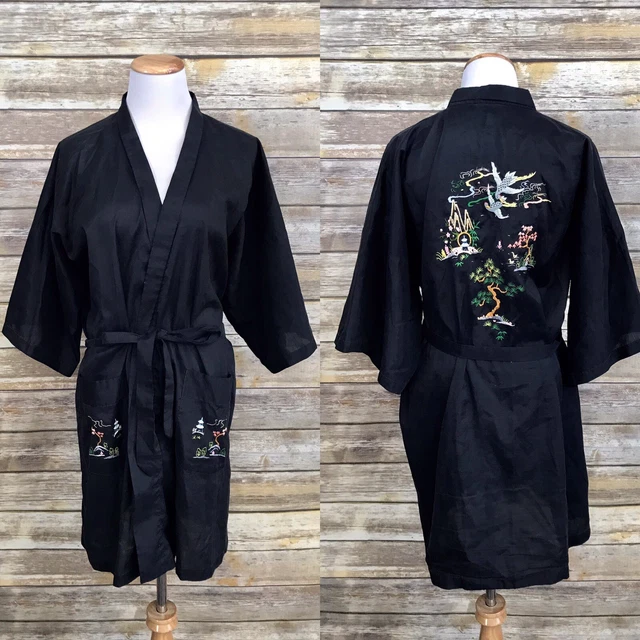 Vintage Chinese Black Embroidered Tie Robe Pagoda Bonsai Tree Birds