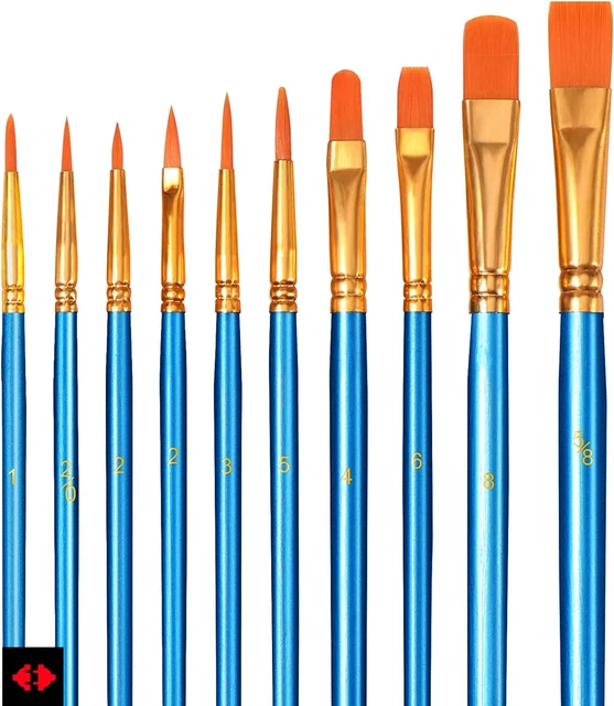10 Pezzi Pennelli Acrilici -  Nylon Brushes, Set per Acquerelli Ad Olio per Guaz