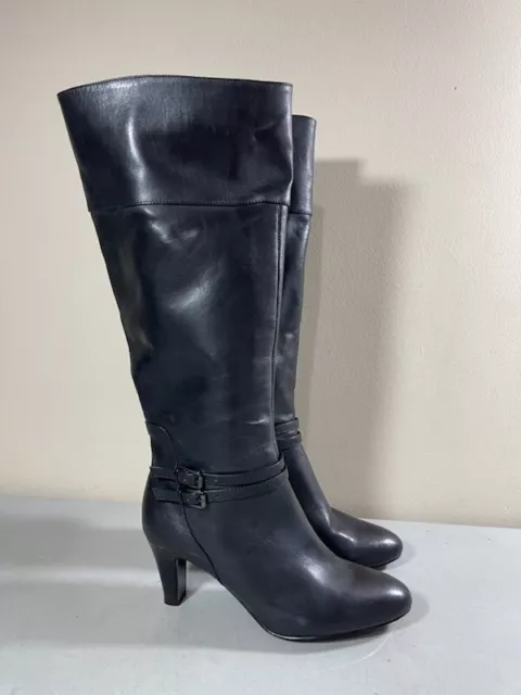 Bandolino Women's Black Leather Side Zip Heeled Knee High Wiser Boots Size 6.5M