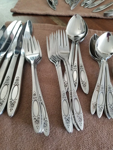 mcm Oneida Community Stainless Flatware Rose 56Pc Serv For 5 ice tea monogram no