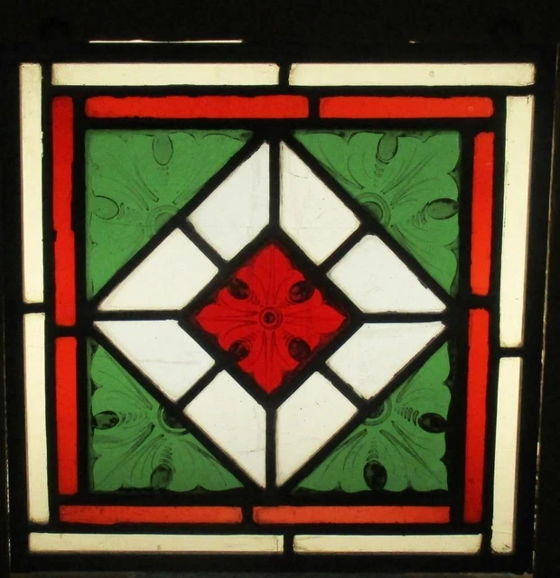 OLD ENGLISH LEADED STAINED GLASS WINDOW Unframed w Hooks Hand Painted 10" x 10.5