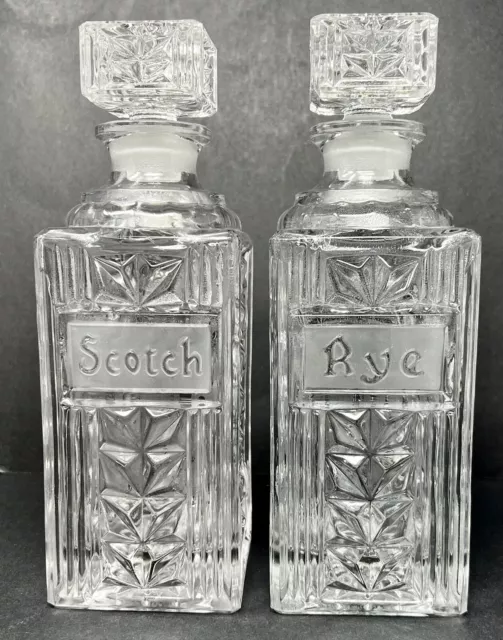 (2) Vintage KEYSTONE WARE SCOTCH & RYE Glass Decanter Bottles Square Stopper Bar