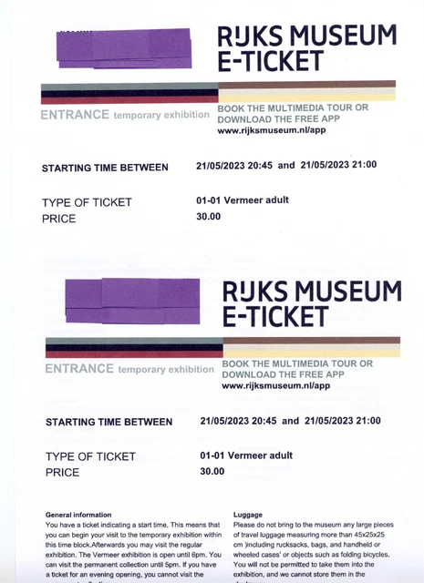 VERMEER 2 biglietti elettronici adulti per mostra di Amsterdam SOLD OUT 21 maggio 2023, 20:45 2