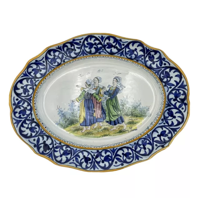 ANCIEN Grand Plat/Assiette Faïence QUIMPER HB SUPERBE DECOR DE BRETON 37x29 2