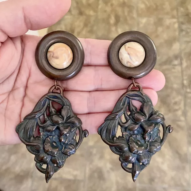 OVERSIZE Vintage ART Nouveau REVIVAL Brass REPOUSE Floral CLIP ON Earrings