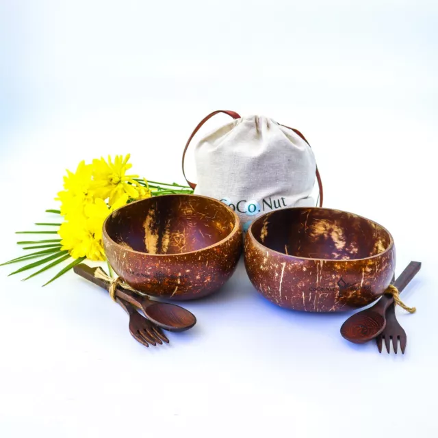 Pack of 2 Jumbo Natural Polished Organic Coconut Bowls,Wooden cutleries Gift Set