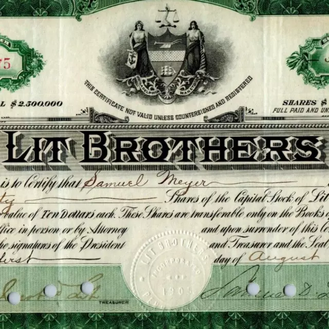 1919 Signed Samuel Jacob Lit Brothers Dept. Store Stock Certificate Philadelphia