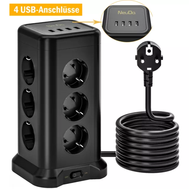 4000W 12Fach Mehrfachsteckdose mit USB Schalter Steckdosen turm Steckdosenleiste