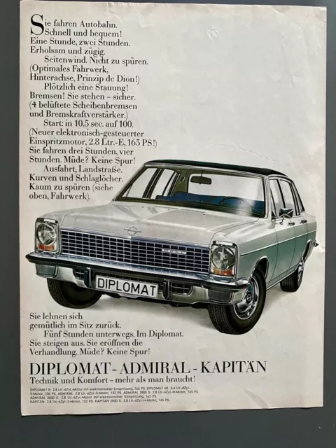 Opel Diplomat Admiral Kapitän Oldtimer KAD Original 1969 Vintage Advert Werbung