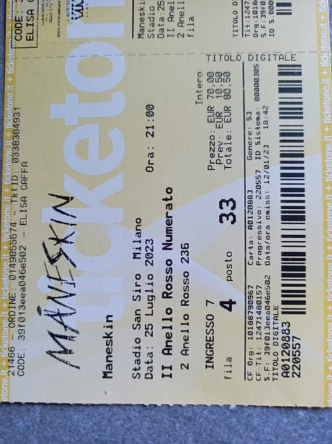 due biglietti concerto maneskin milano 25 luglio  2023 3