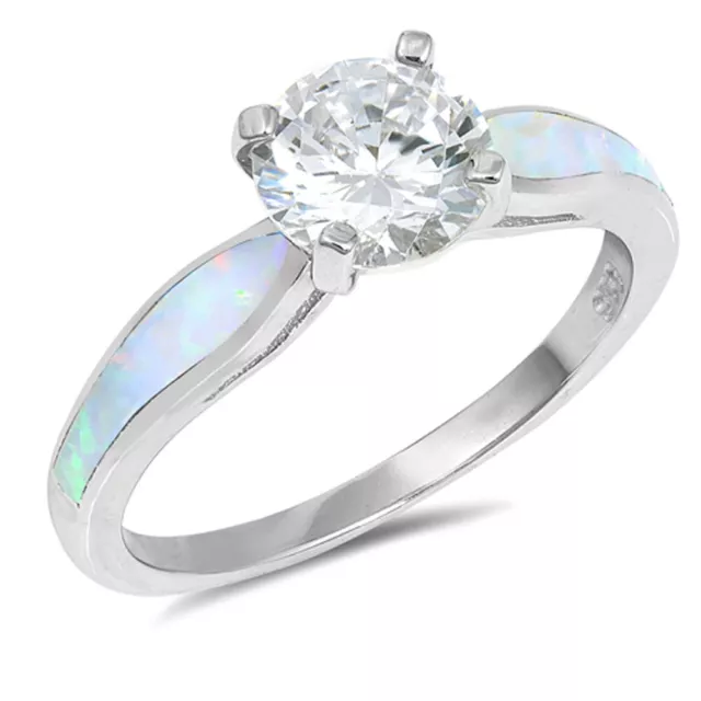 Clear CZ Solitaire White Lab Opal Wedding Ring Sterling Silver Band Sizes 5-10