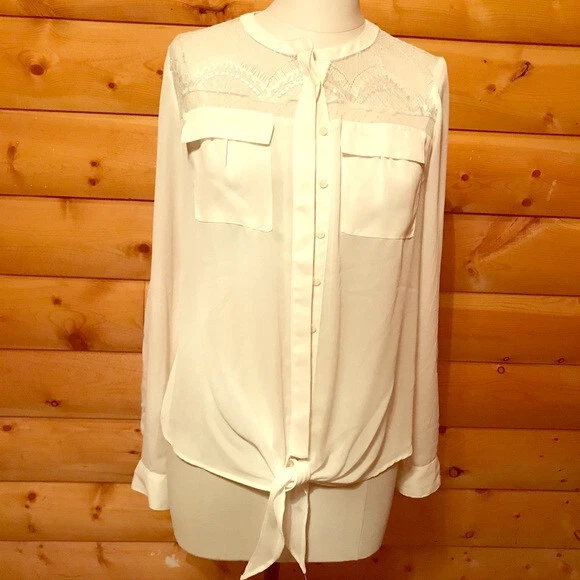Candies womens medium white longsleeve peekaboo front tie shirt with lace bodice