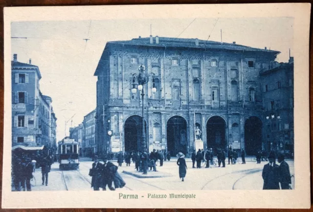 Postkarte Oldtimer Parma Rathaus Sportfischen Straßenbahn
