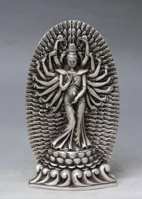 7.1 inch/ Collectible Decorated Old Handwork Tibet Silver Carved Kwan-yin Statue