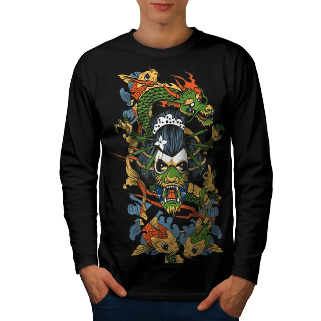 T-shirt Wellcoda Dragon Face Japan da uomo a maniche lunghe, design grafico drago