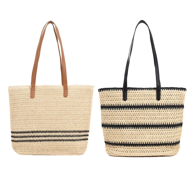 Summer Straw Shoulder Bags for Women Striped Woven Beach Vacation Female Handbag