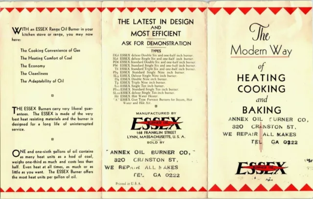 Vintage Early 1900's ESSEX Oil Burner Annex Oil Burner Booklet, Lynn, MA -E7H