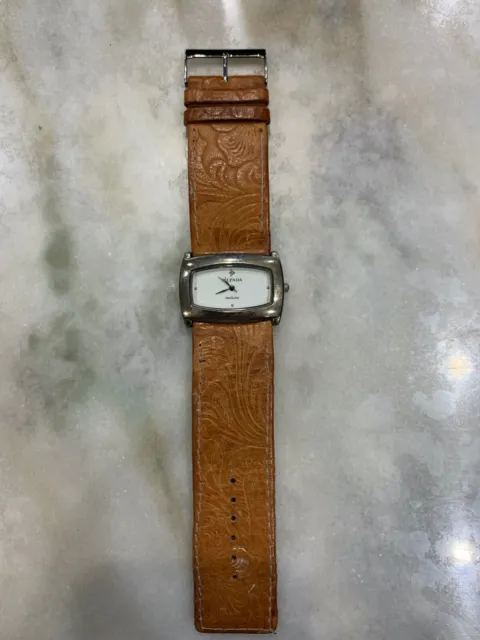 Silpada Designs Watch Women Silver Tone Wide Tan Leather Craved Band