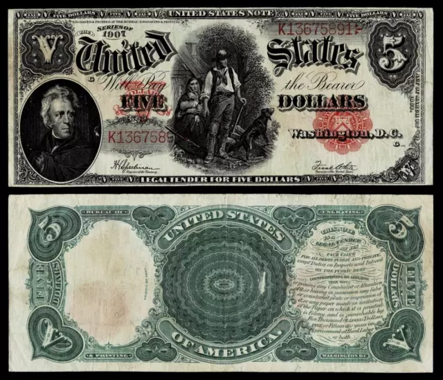 1907 $5 Large Size ~~Woodchopper Legal Tender -Very Fine