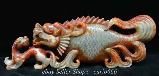 13" Old Chinese Natural Nephrite Hetian Jade Carving Dragon Fish Beast Statue