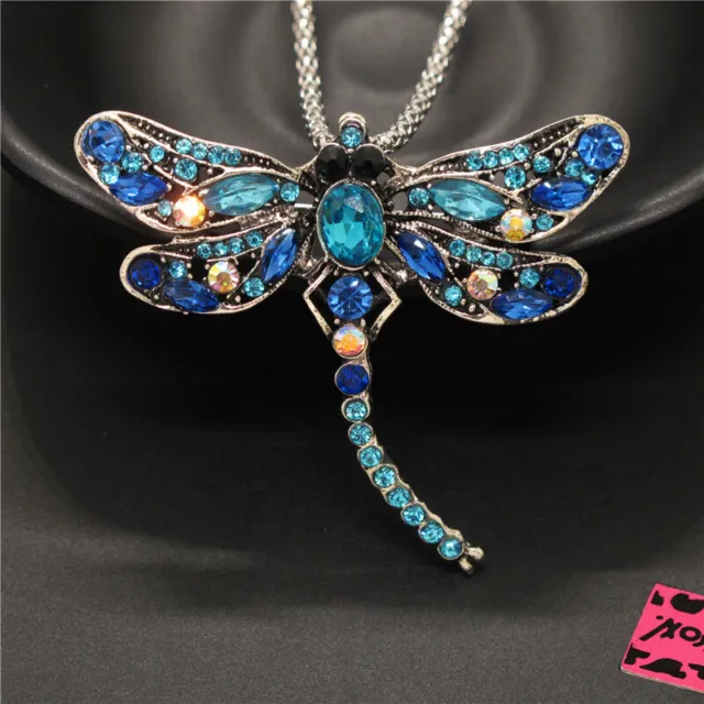 New Betsey Johnson Blue Cute Dragonfly Bling Crystal Pendant Women Necklace