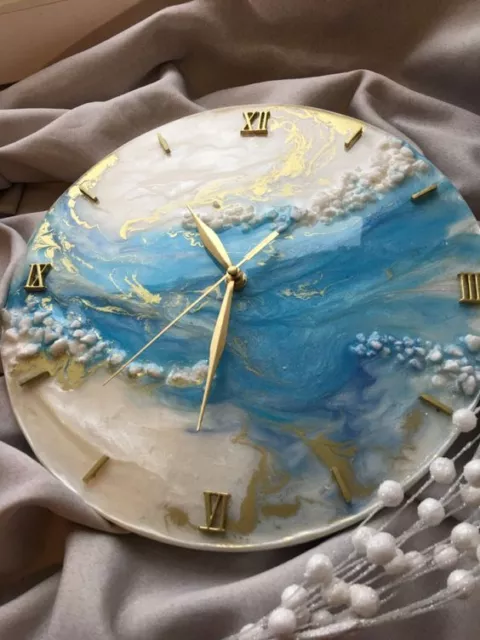 Resin Wall Clock for Home Decor Blue and Golden Abstract modern design