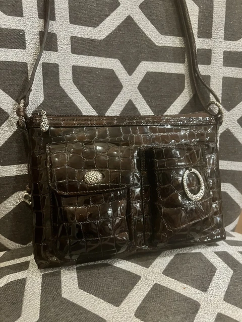 BRIGHTON Croc Embossed Brown Patent Leather Organizer Cross-body Purse Bag