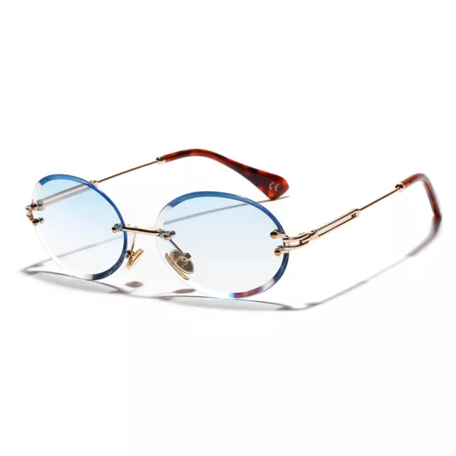 Gold Rimless Vintage Baby Blue Tint Round Diamond Cut Old School Mens Sunglasses