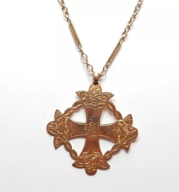 Antique Victorian Rose Gold Cross Fob Pendant & Chain B'Ham 1901 9ct 13g