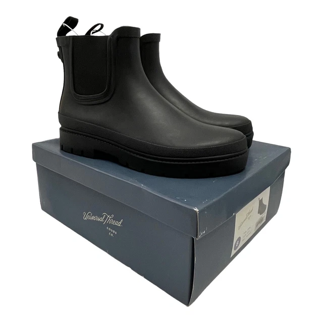Rain Boot Kaden Rubber Double Gore Boots Block Heel Universal Thread Black US 8