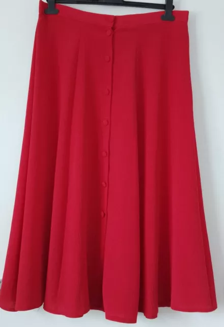 Cherry Red Fabric Buttons Elastic Back Waist Ribbed Style Full Skirt Size 18