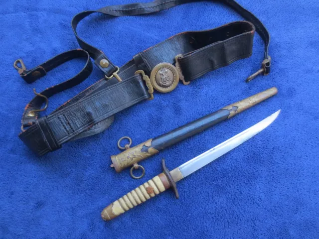 Original Mid Ww2 Japanese Navy Dagger Knife And Scabbard With Belt And Hangers