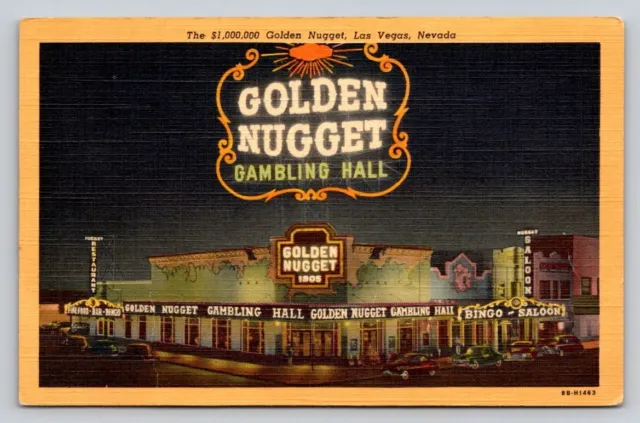 Linen Night View Old Cars Neon Sign Golden Nugget Casino Las Vegas Nevada  P78A