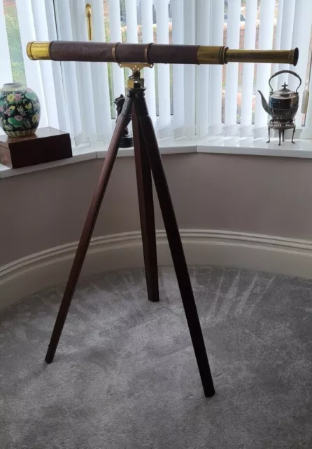 Late 19th century brass leather telescope by W. Gregory London on teak Tripod