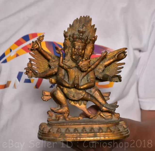 7.6" Old Chinese Copper Gilt Buddhism Mahakala Wrathful Deity Statue Sculpture