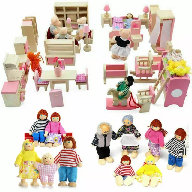 Doll House Furniture Wooden Set People Family Dolls Toy For Kid Children Gift