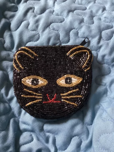 Black Cat Glass Beaded Kitten Kitty Zip Lined Change Coin Purse 4 x 4"