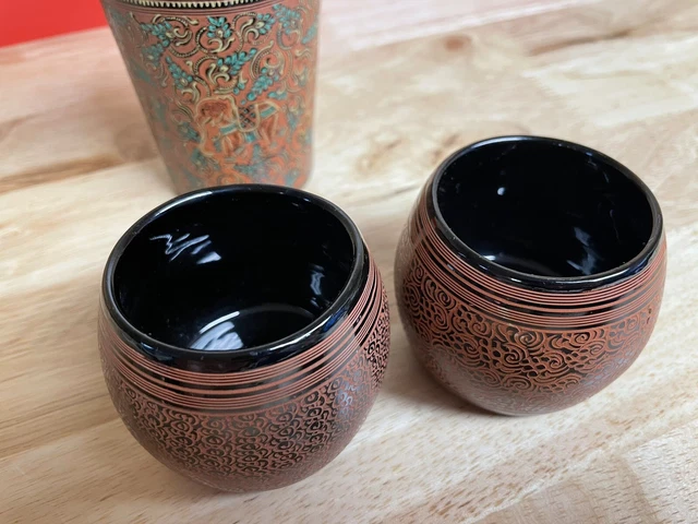 SET OF 3 Burmese Lacquer Tea Cups Hand Painted Lacquerware Asian Myanmar 4