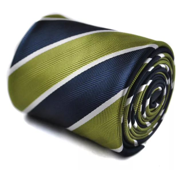 Frederick Thomas Designer Mens Tie - Dark Navy Blue & Olive Green - Repp Striped