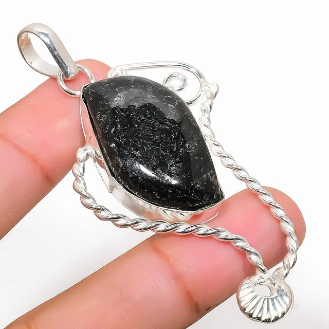 Nuummite Gemstone Handmade 925 Sterling Silver Jewelry Pendant 2.92"