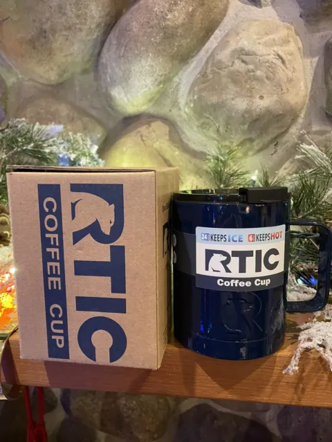 RTIC 12 oz Coffee Cup NEW Navy Dbl Wall Vacuumed Insulated w/ spill proof lid