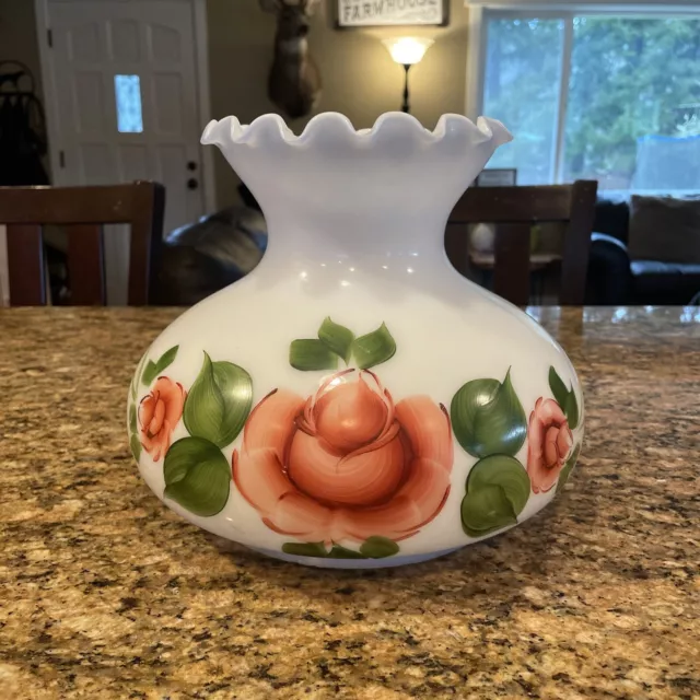 Vintage Ruffled Floral Glass Oil Lamp Shade Hand Painted Roses Fluted Blue