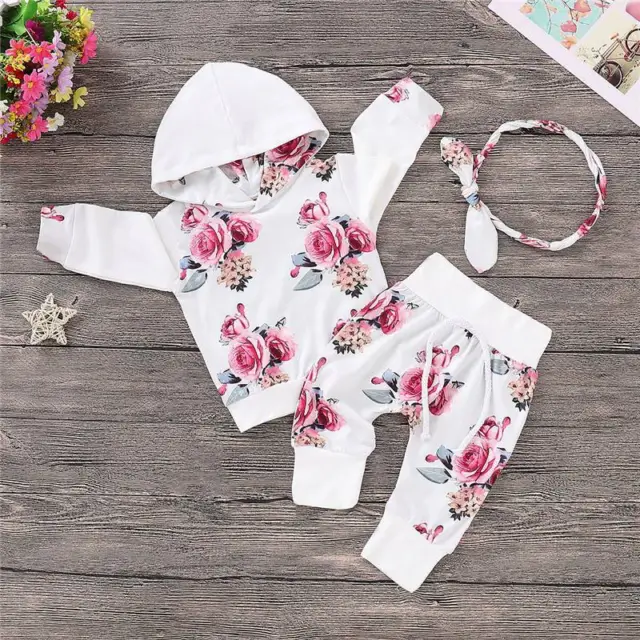 Baby Girl Newborn Tracksuit Clothes Hooded Floral Tops Pants Toddler Outfits Set