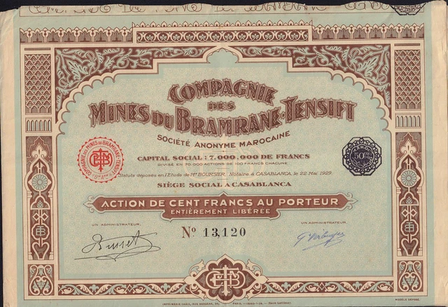 AFRICA MOROCCO MINING :Compagnie  des Mines du Bramrane-Tensift Casablanca 1929