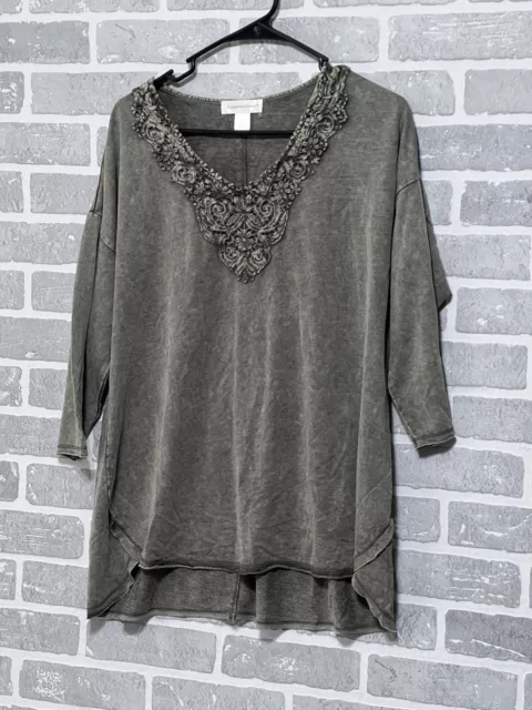 Christopher & Banks Women’s Green Distressed Boho Tunic Top Lace Neck 3/4 Sleeve