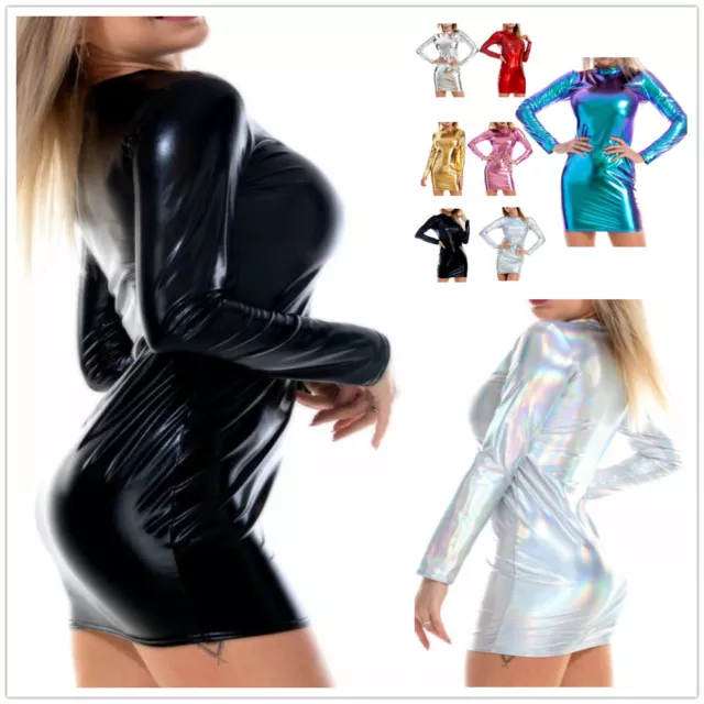 Sexy Women's Bodycon Mini Dress Long Sleeve Crew Neck Glitter Stretch Clubwear