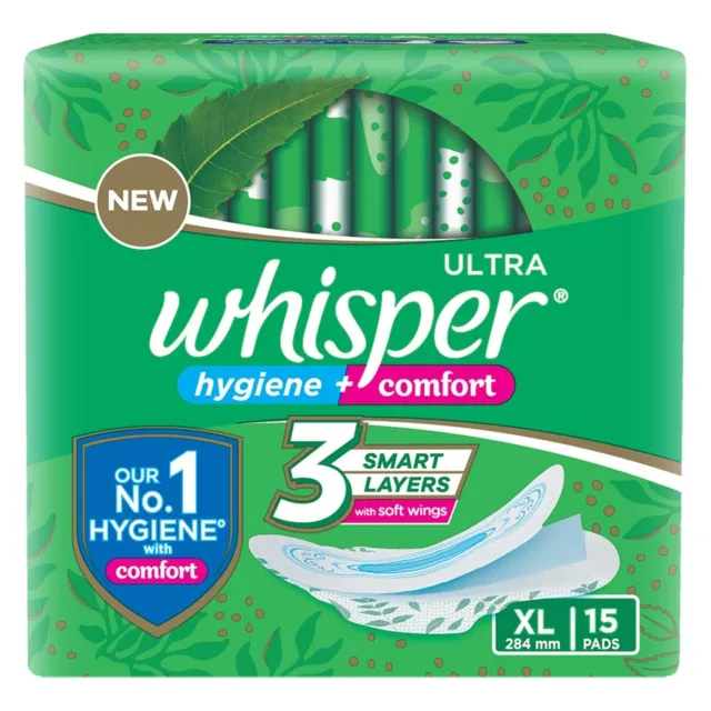 Whisper Ultra Clean Sanitary Pads for Women|15 thin Pads|XL|Hygiene & Comfort